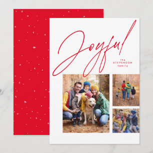Joyful red three photo family Christmas Holiday Card