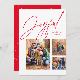 Joyful red three photo family Christmas Holiday Card