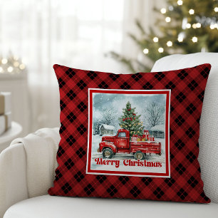 Joyful red truck Christmas scene rustic festive  Cushion
