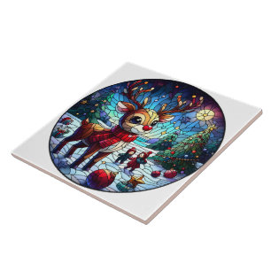 Joyful reindeer in winter wonderland with friends ceramic tile