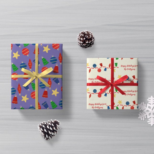 Joyful retro Christmas ornaments custom  Wrapping Paper Sheet (Cute retro Christmas wrapping paper with vintage Christmas ornaments and red beaded garland)