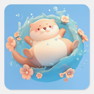 Joyful Round Clay Otter Splash Square Sticker