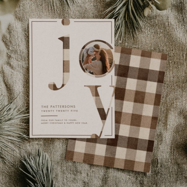 Joyful Rustic Brown Gingham Family Photo Christmas Holiday Card (Creator Uploaded)