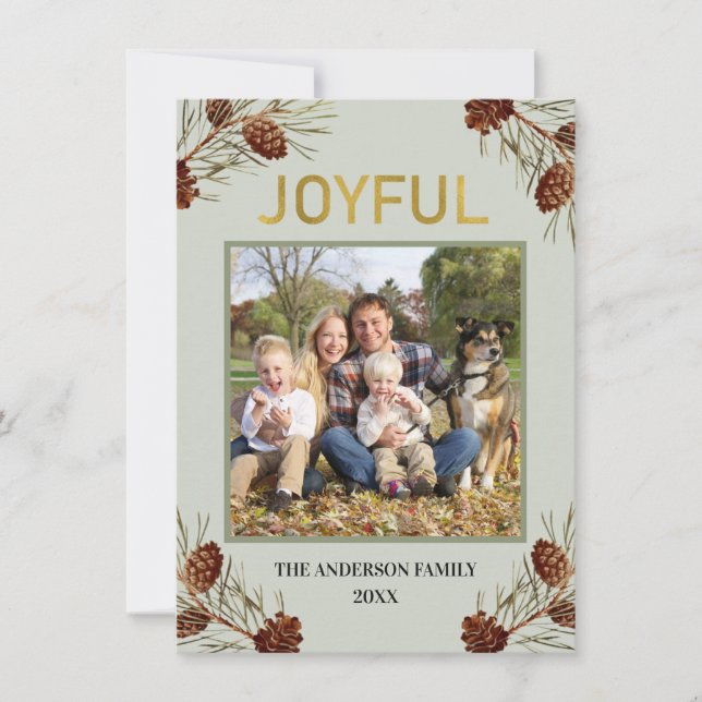Joyful Rustic Green Photo Christmas Holiday Card (Front)