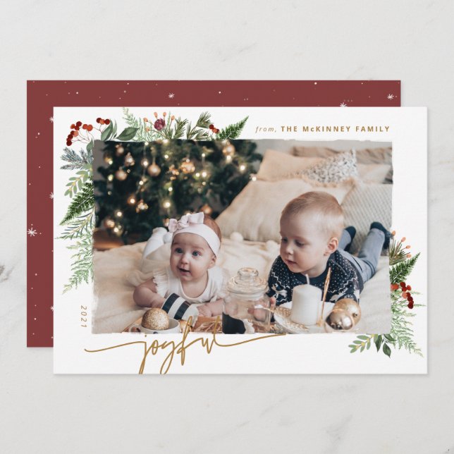 JOYFUL Rustic Greenery Gold Dry Brush Effect Photo Holiday Card (Front/Back)