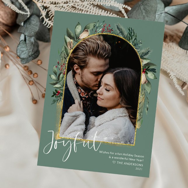 JOYFUL Sage Green Gold Arch & Snow Overlay Photo Holiday Card (Creator Uploaded)