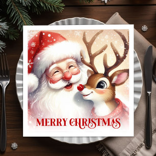 Joyful Santa and Rudolph Christmas Napkins Dinner