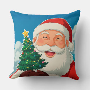 Joyful Santa Claus Holding a Small Christmas Tree Cushion