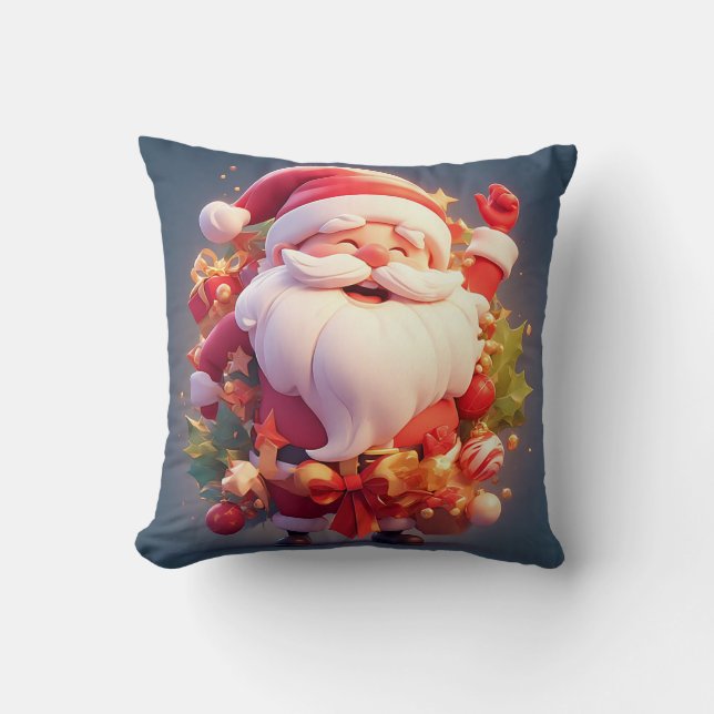 Joyful Santa Claus Surrounded by Festive Christmas Cushion (Front)