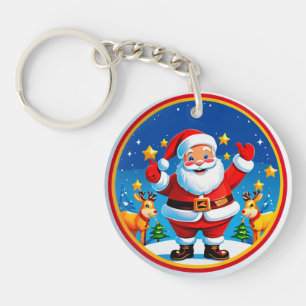 Joyful Santa Claus With Reindeer Key Ring