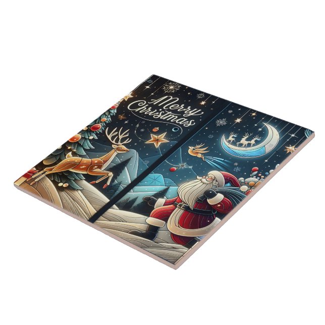 Joyful Santa on snowy Christmas Eve Ceramic Tile (Side)