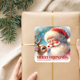 Joyful Santa Rudolph Personalized Christmas Kids Square Sticker