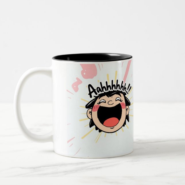 Joyful Scream - Fun Cartoon Expression Two-Tone Coffee Mug (Left)