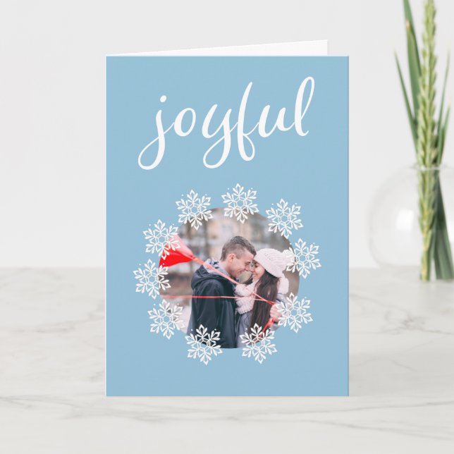 Joyful Script Blue Snowflake Frame Photo Holiday Card (Front)
