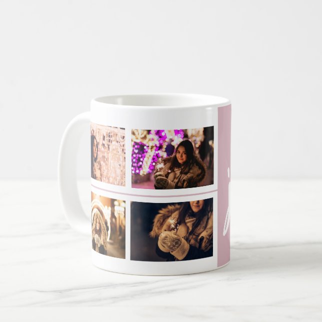 Joyful Script Blush Pink 4 Photo Collage Keepsake Coffee Mug (Front Left)