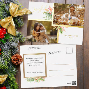 Joyful Script Botanical 2-Photo w/Gold Frame Foil Holiday Postcard