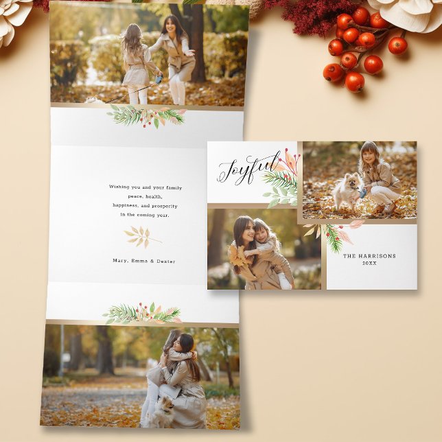 Joyful Script Botanical 2-Photo w/Gold Frame Tri-Fold Holiday Card (Creator Uploaded)
