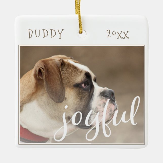 Joyful Script Dog Pet Christmas Photo Ceramic Ornament (Front)