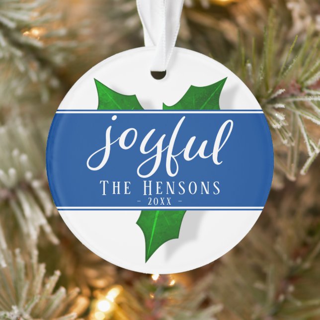 Joyful Script Modern Holly Berry Plant Ornament (Tree)