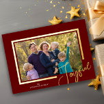 Joyful Script Modern Minimal Photo Christmas Foil  Foil Holiday Card<br><div class="desc">This modern minimal photo Christmas card features real foil accents on a red background. The design is accented the the word "Joyful". Foil colours available are gold,  silver and rose gold. Photography © Storytree Studios,  Stanford,  CA</div>