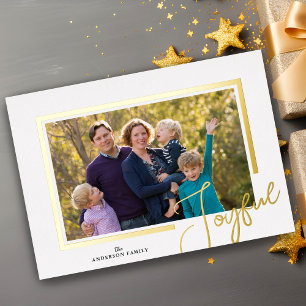 Joyful Script Modern Minimal Photo Christmas Foil  Holiday Card