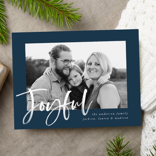 Joyful Script | Navy Holiday Photo Postcard (Creator Uploaded)
