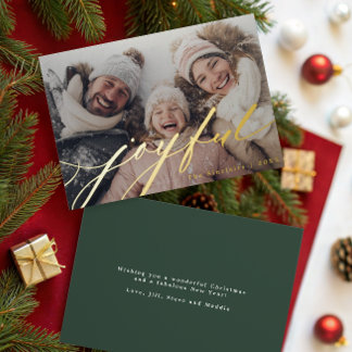 Joyful Script Overlay Photo Dark Green Foil Holiday Card