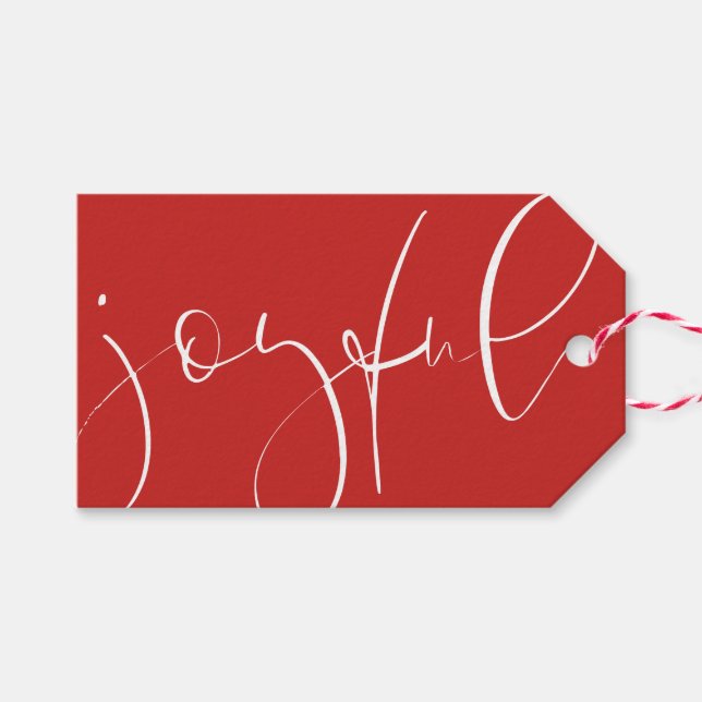 Joyful script red holiday gift tags (Front (Horizontal))