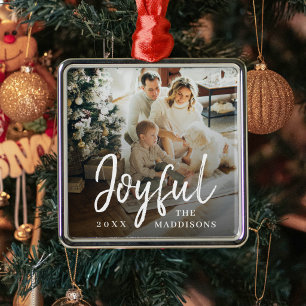 Joyful Script Simple One Sided Chirstmas Photo Metal Ornament