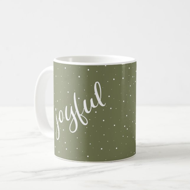 Joyful Script Snowflake Olive Green Holiday Coffee Mug (Front Left)