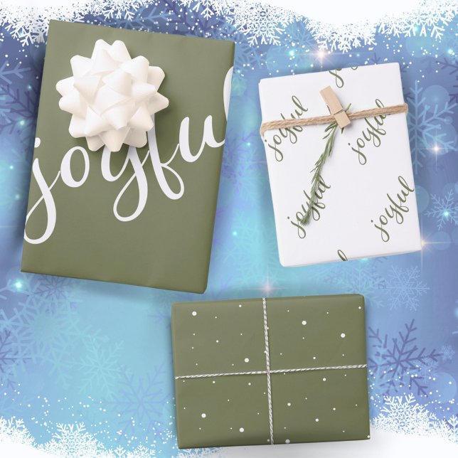 Joyful Script Snowflake Olive Green Holiday Wrapping Paper Sheet (Creator Uploaded)