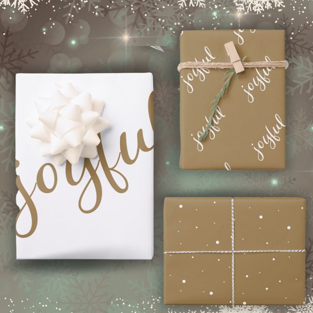 Joyful Script Snowflakes Beige Holiday Wrapping Paper Sheet (Creator Uploaded)