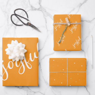 Joyful Script Snowflakes Orange Holiday Wrapping Paper Sheet