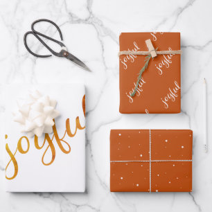 Joyful Script Snowflakes Orange Holiday  Wrapping Paper Sheet