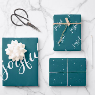 Joyful Script Snowflakes Teal Holiday Wrapping Paper Sheet