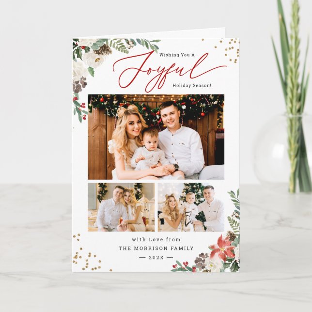 Joyful Script Winter Chic Floral 3 Photo Holiday Card (Front)
