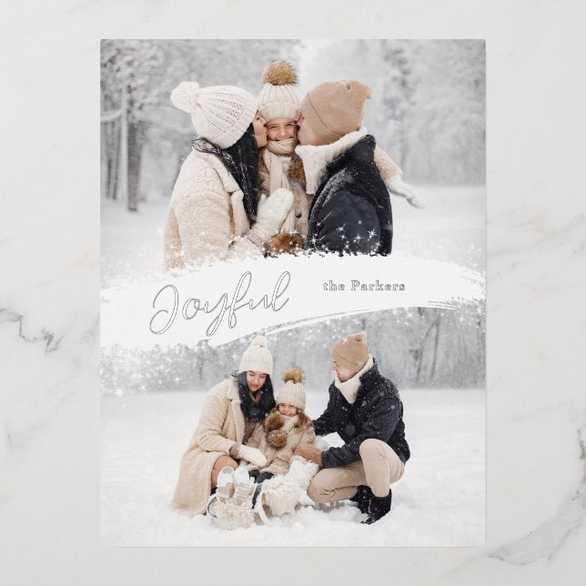 Joyful Script with Snowy Brushstroke 2-Photo Foil Holiday Postcard (Front)