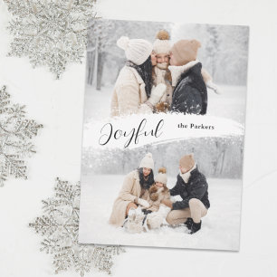 Joyful Script with Snowy Brushstroke 2-Photo Holiday Card