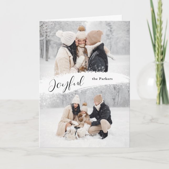 Joyful Script with Snowy Brushstroke 2-Photo Holiday Card (Front)