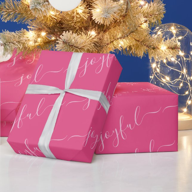 Joyful Scroll Text In Pink Christmas Wrapping Paper (Holidays)