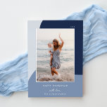 Joyful Shades Vertical Photo Hanukkah Silver Foil Holiday Card<br><div class="desc">A chic and elegant Hanukkah card design featuring a single vertical or portrait-orientated photo on a background of organic shapes in shades of blue with silver foil trim. Personalise with your family name and custom Hanukkah greeting beneath for the perfect finishing touch to these nature-inspired holiday photo cards.</div>