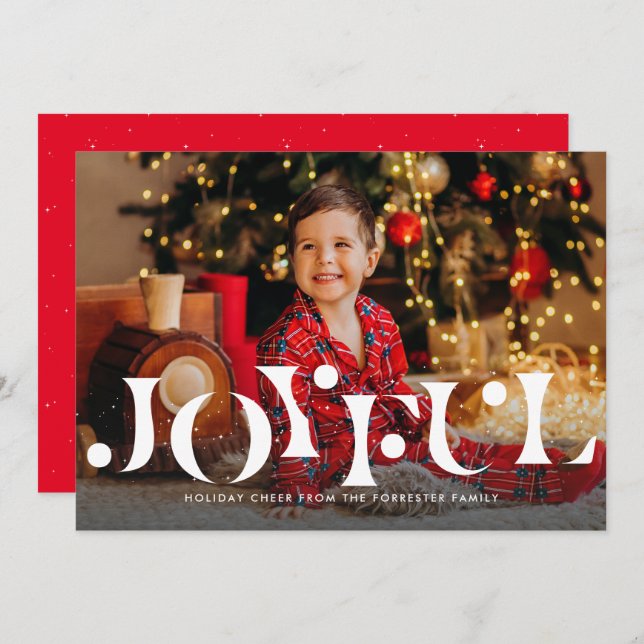Joyful simple one photo red holiday card (Front/Back)
