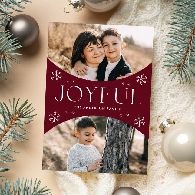 Joyful Snowflake Cranberry Oval Arch 2 Photo Holiday Card (Creator Uploaded)