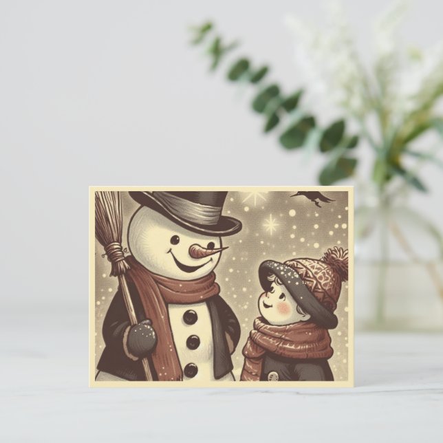 Joyful Snowman and Child Cartoon Postcard (Standing Front)
