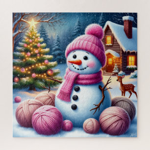 Joyful Snowman by Christmas Tree in a Cosy Winter Jigsaw Puzzle