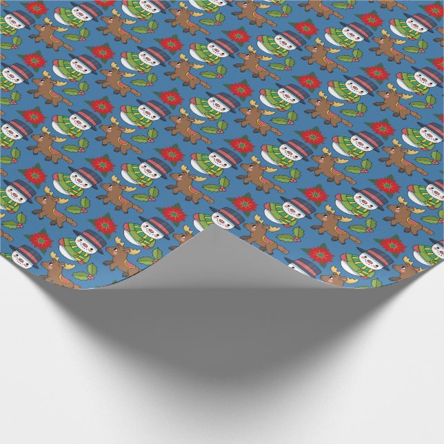 Joyful Snowman Deer Winter Holiday Pattern Wrapping Paper (Corner)