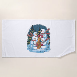 Joyful Snowman Family Beach Towel