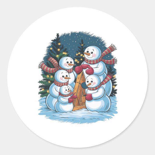 Joyful Snowman Family Classic Round Sticker (Front)