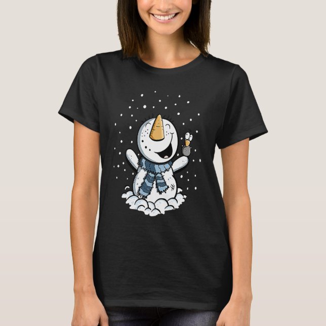 Joyful Snowman In The Snow Winter Theme T-Shirt (Front)