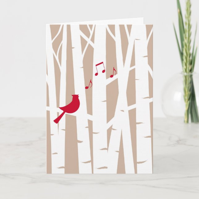 Joyful Song at Christmas, Cardinal in Birch Trees Holiday Card (Front)